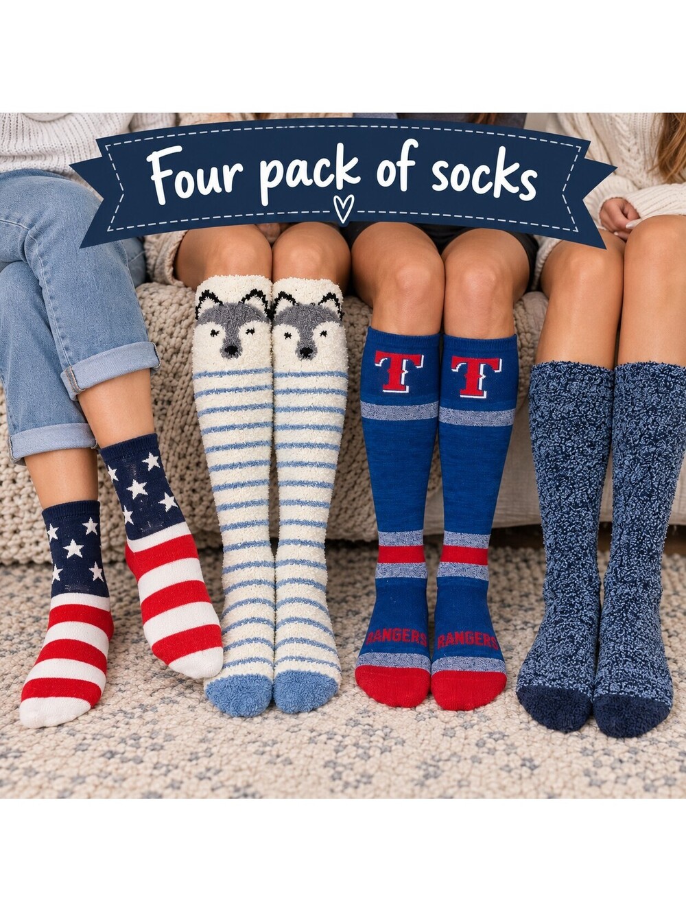 4 Pair Knee High Sock Bundle, Rangers, Flag, Fuzzy Wolves & Blue